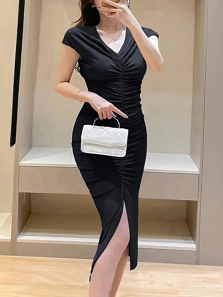 

Стильное женское летнее платье, сексуальное облегающее короткое платье миди с v-образным вырезом, однотонные повседневные платья с разрезом на бедрах, женская одежда
