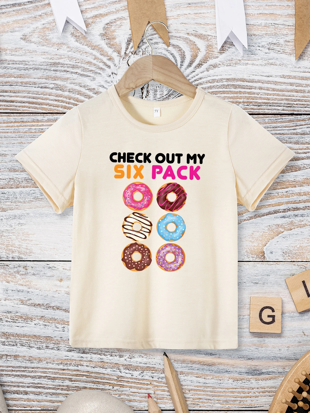 Cheak Out My Sis Pack Funny Kids Clothes Donut Print Home Casual Unisex T-shirt Round Neck High Quality Tees Khaki Tops