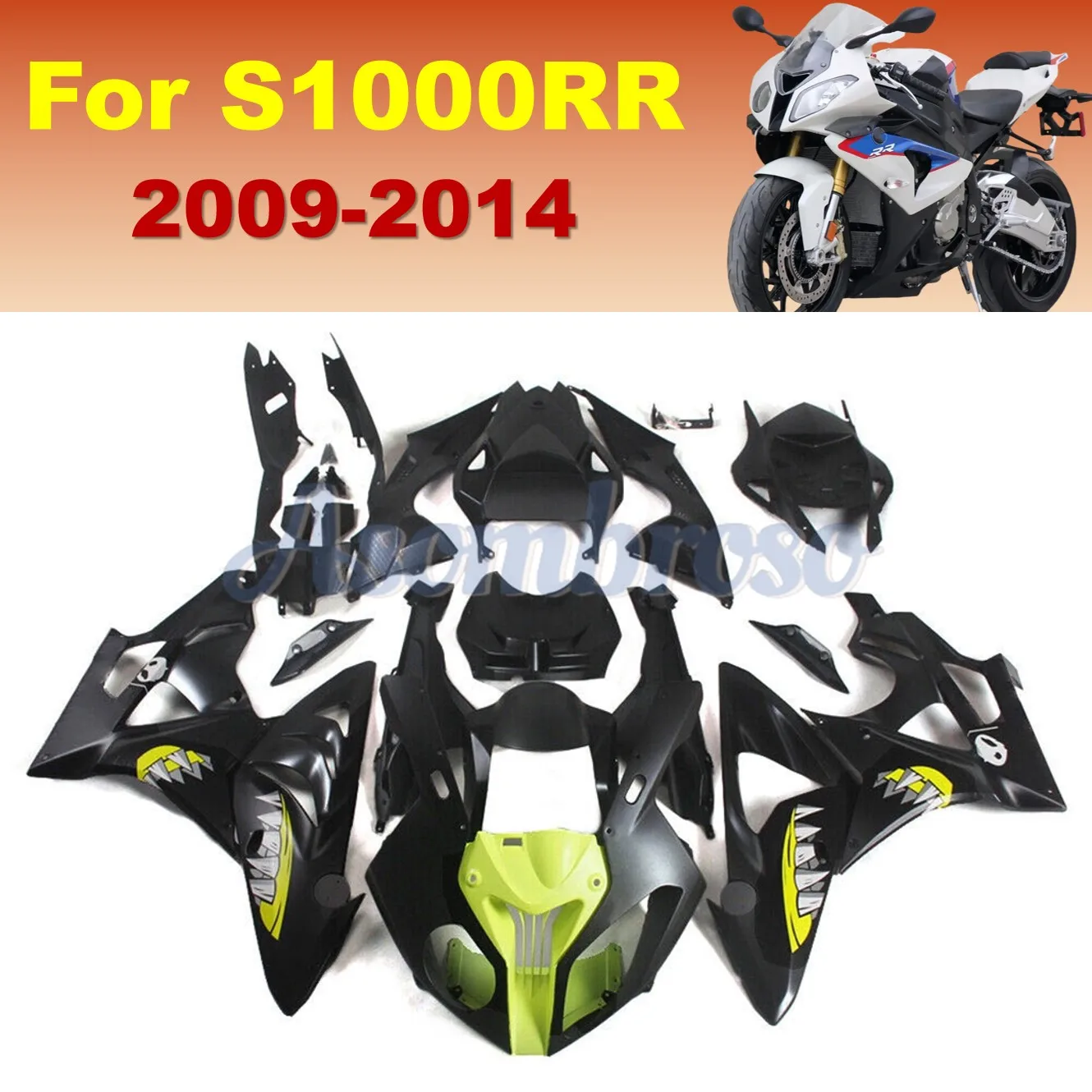 

NeW ABS Motorcycle fairings kit fit For BMW S1000RR 2009 2010 2011 2012 2013 2014 S1000 RR Full Fairing kit Yellow Black Shark