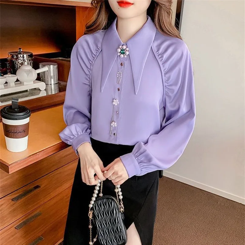 

Новая женская блузка 2026 года: модный дизайн, острый воротник, белая шифоновая рубашка для весны, лета и осени