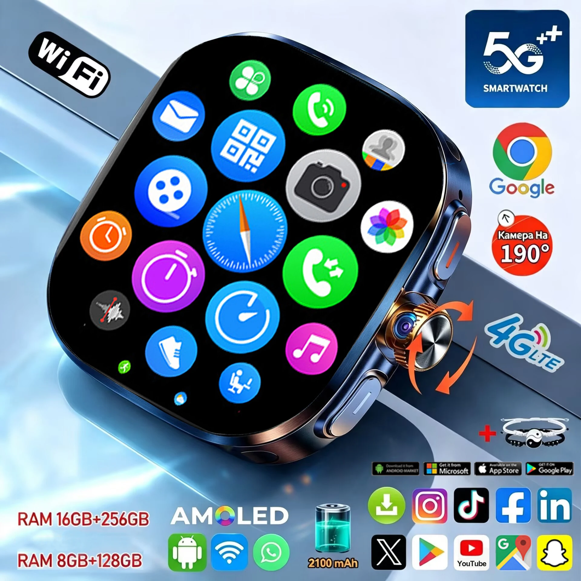 2.40 inch Larger Screen 4G Smartwatch With 190° Rotary Camera GPS Position WIFI Connect Apps Download Smart Watch Android 10.0