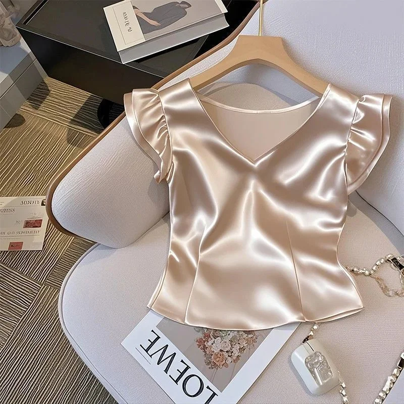 

French Style Elegant Satin Shirt 2025 Summer New Temperament flounce Sleeve Top Women's Light Luxury Design Wrinkle T-shirt