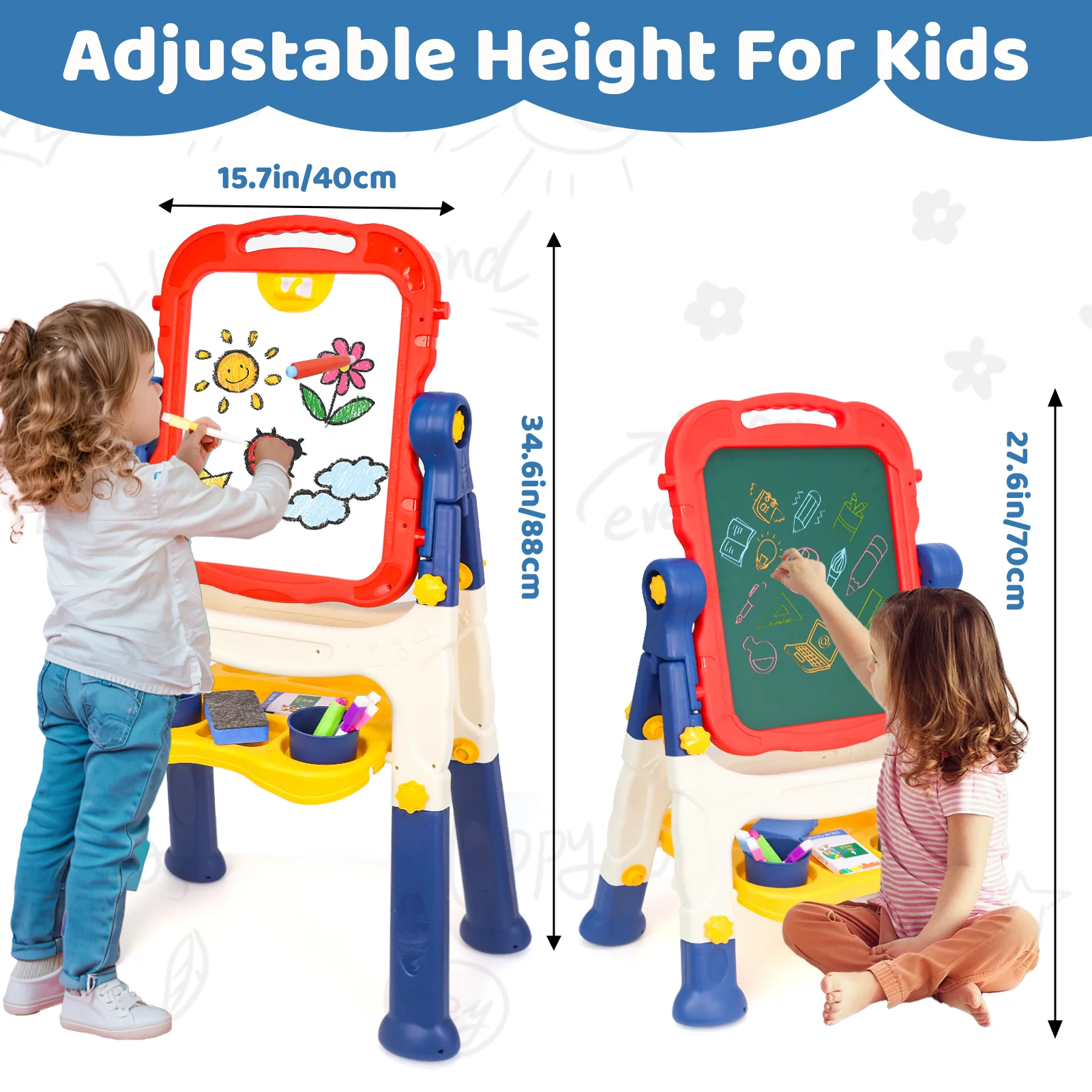 Kids Art Easel - ขาตั้งวาดภาพสำหรับเด็ก, ขาตั้งแบบปรับระดับได้ หมุนได้สองด้าน พร้อมอุปกรณ์เสริมสำหรับวาดภาพ เหมาะสำหรับเด็กชายและเด็กหญิงอายุ 3