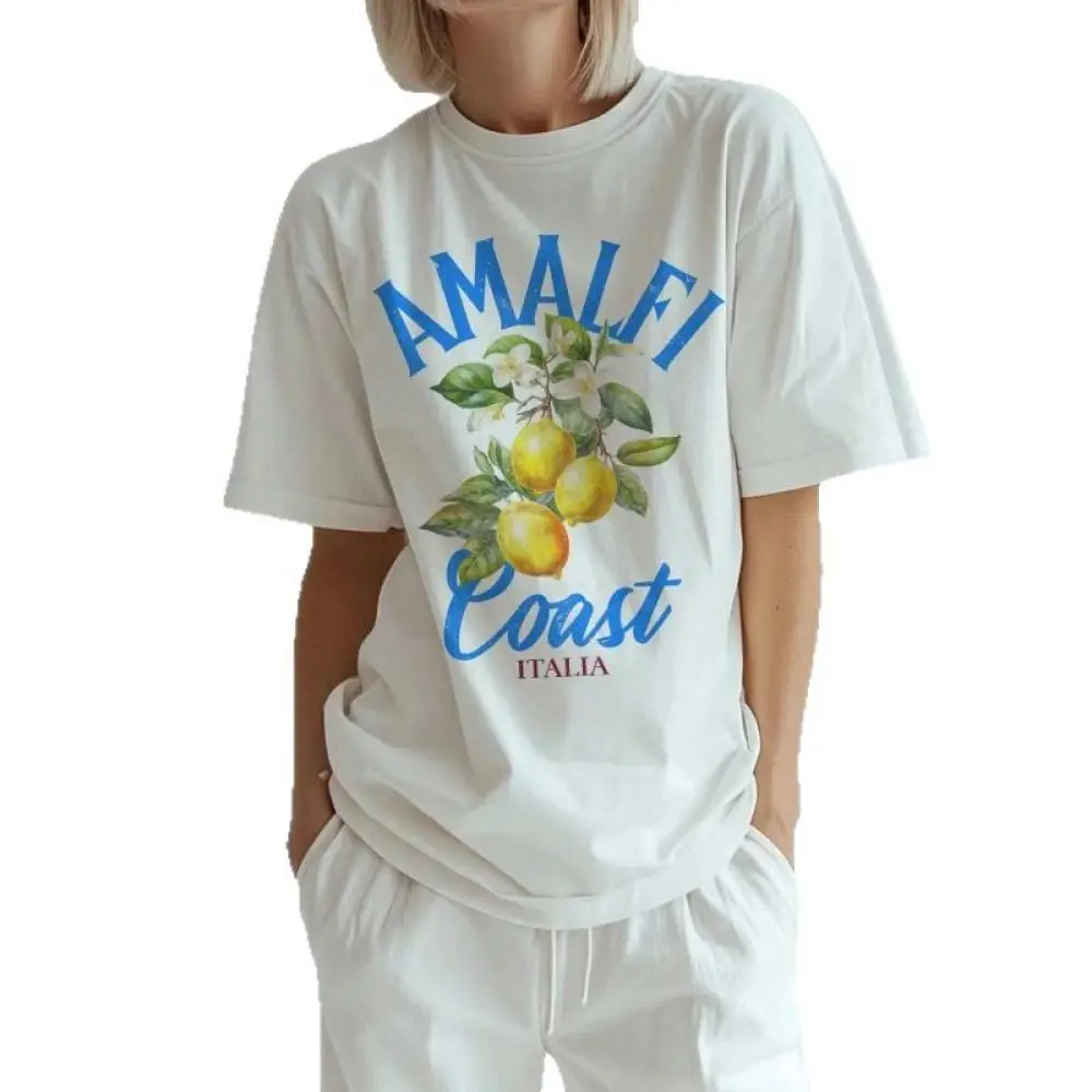 Trendy Summer Womens T Shirt Cotton Tee Lemon Print Round Neck Short Sleeve Loose Casual Soft Breathable Tops