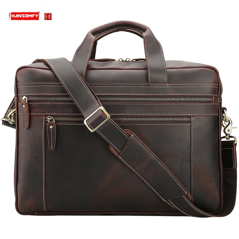 New Genuine Leather Men's Briefcase Large Capacity 17 Inch Laptop Bag Handbags Crazy Horse Leather Shoulder Messenger Bags 2024