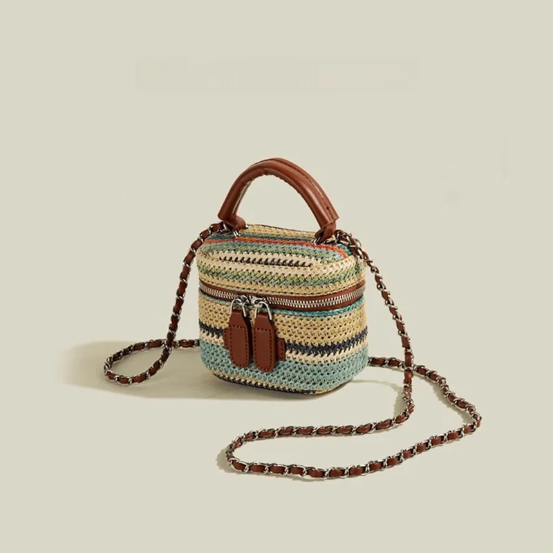 

Charlie&Kelli Women's Beach St Woven Handbag Chain Crossbody Bag Casual Sle Soft Handle Zipper Closure Medium Size