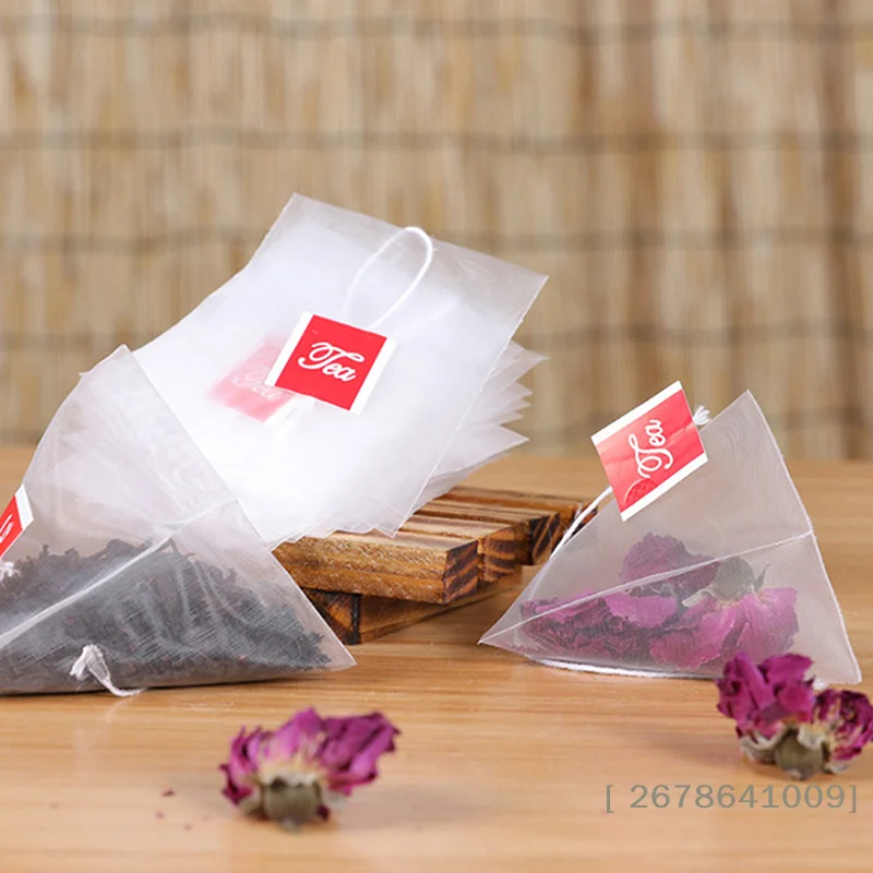 ⚑100Pcs Pyramid Tea Bags Filter Portable Transparent Disposable Nylon Teabags Single String With Label Empty Tea Bags