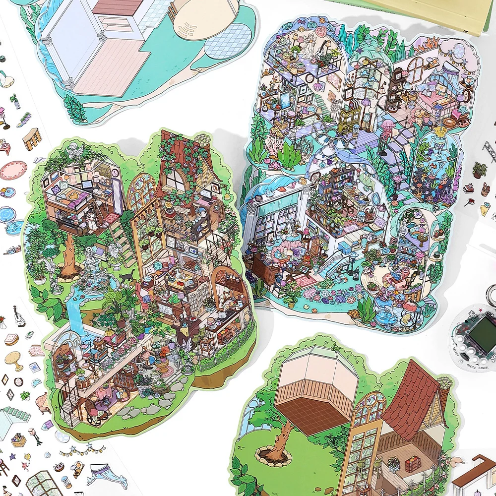 Kawaii Cartoon Miniature Scene Pocket House 2.5D 3D Landscaping Sticker Visual Stacking Stickers Children's Festival Gift