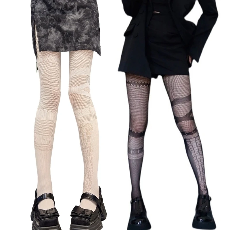 Women Hollow Out Fishnet Pantyhose Gothic Punk Anime Asymmetrical Mesh Tights