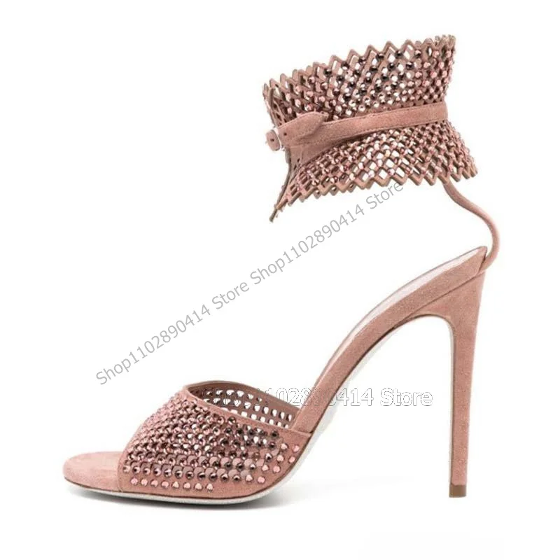 Pink strass Decor Hollow Design Open Toe sandali cinturino con fibbia alla caviglia scarpe da donna tacchi alti sottili nuovo 2023 Zapatos Para Mujere