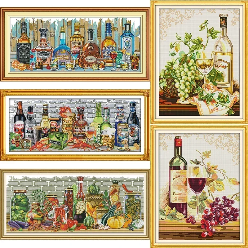 Joy Sunday Printed Cross Stitch kit contati Canvas ricamo ricamo Set cucito fai da te per ragazza-collezione vino e bottiglia