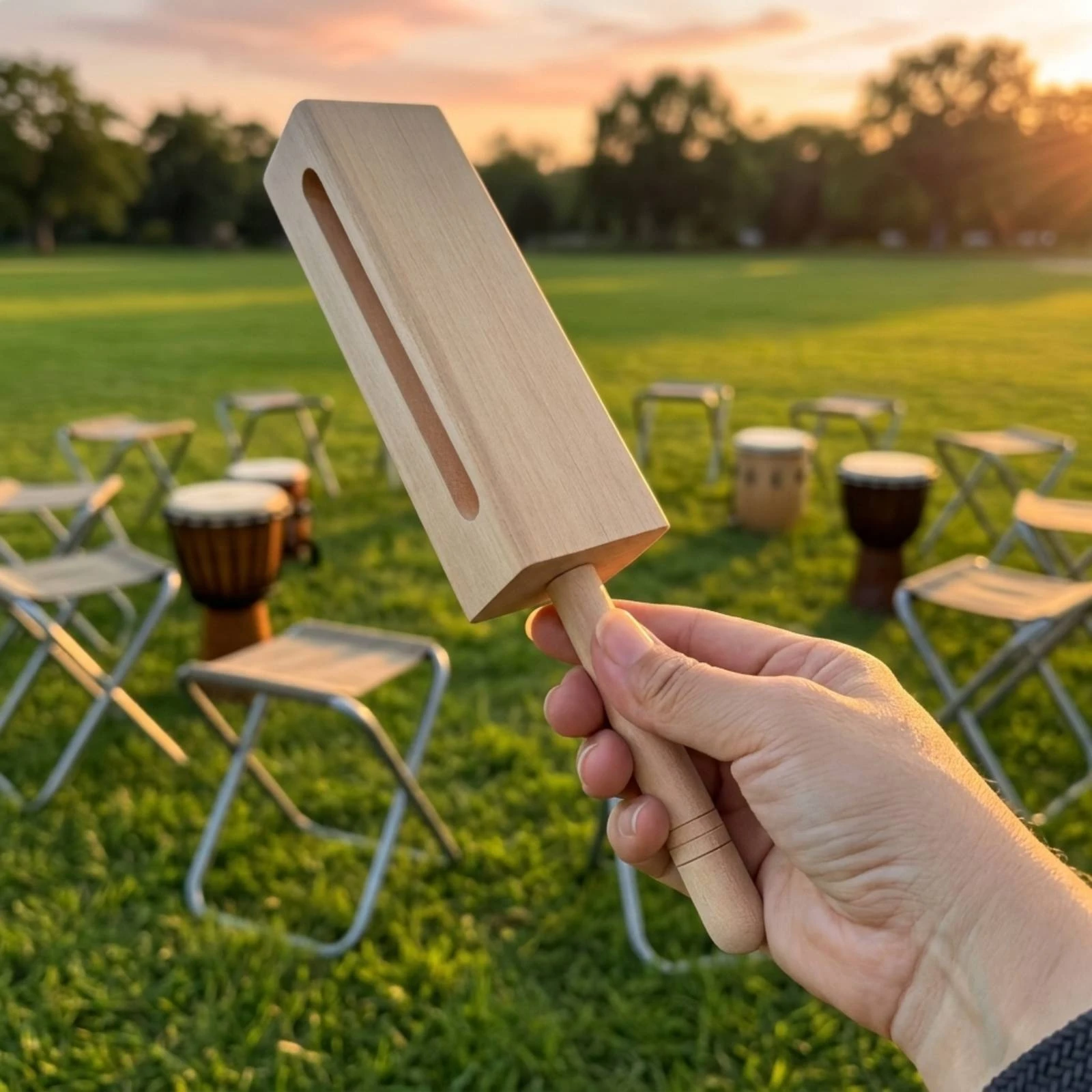 Instrumento de percusión de madera con mazo, bloque rítmico de madera dura con mazo, bloque de madera con asa, resonante y de madera.
