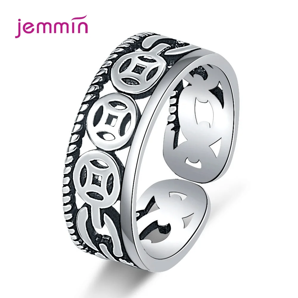 Vintage 925 Sterling Silver Coin Pattern Open Adjustable Finger Rings For Women Girls Anniversary Party Jewelry Gifts Accessory