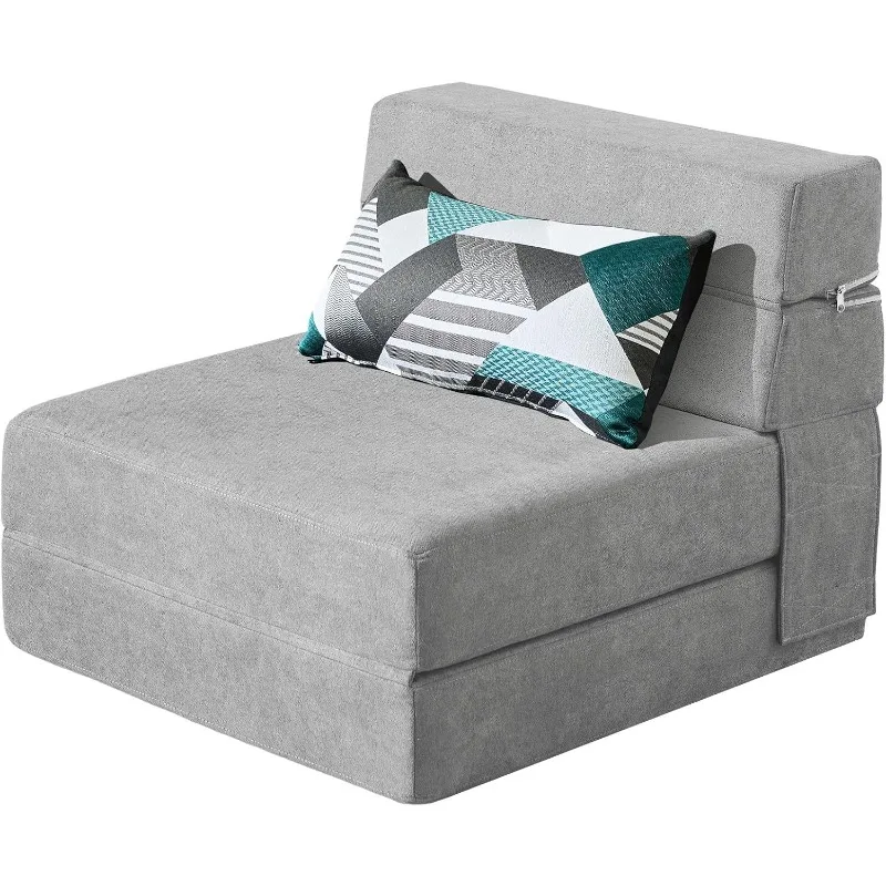 Folding Sofa Bed Couch Memory Foam Fold Out Chair Bed with Pillow, Convertible Sofa Bed Futon Sleeper Chair, Light Gray