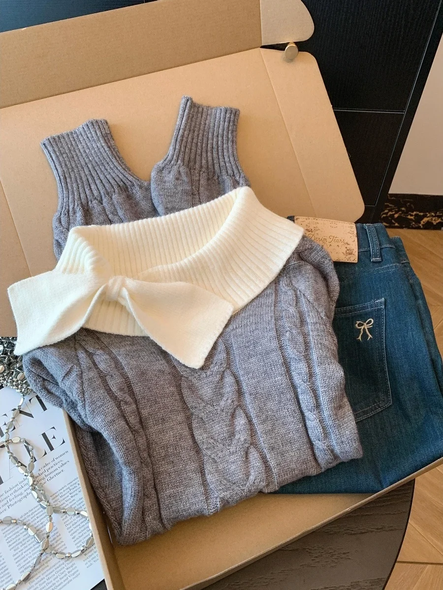 

Корейский свитер на одно плечо с цветными вставками, женский осенне-зимний облегающий вязаный топ с утягивающим эффектом и узлом