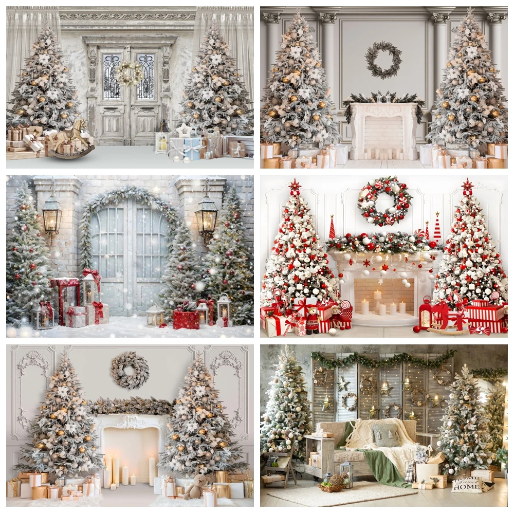 

White Christmas Backdrop Xmas Tree Fireplace Interior Room Merry Christmas Winter Family Kids Portrait Photography Background