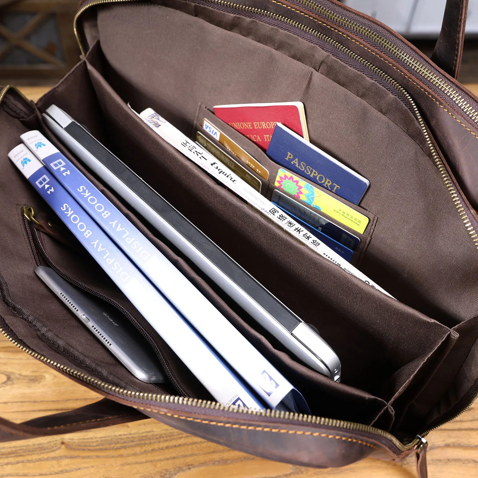 Vintage Echtleder Herren-Aktentasche 17" Laptop-Tasche, Messenger-Taschen für Arbeit und Business, Crazy Horse Rindsleder Handtasche – Detail 23