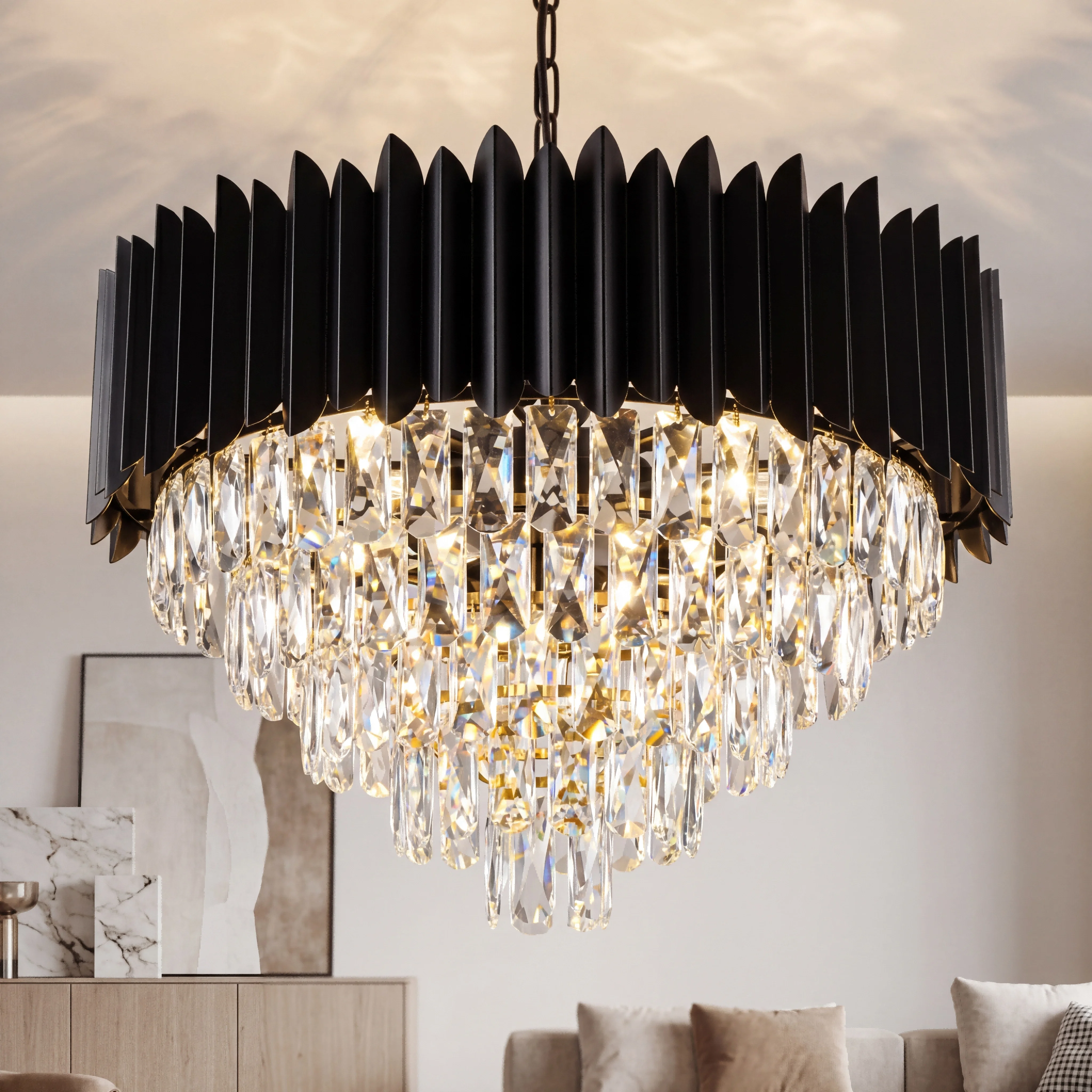 Modern Black K9 Crystal Chandelier, Adjustable Height High Ceiling Light Fixture for living room/kitchen island/dining room
