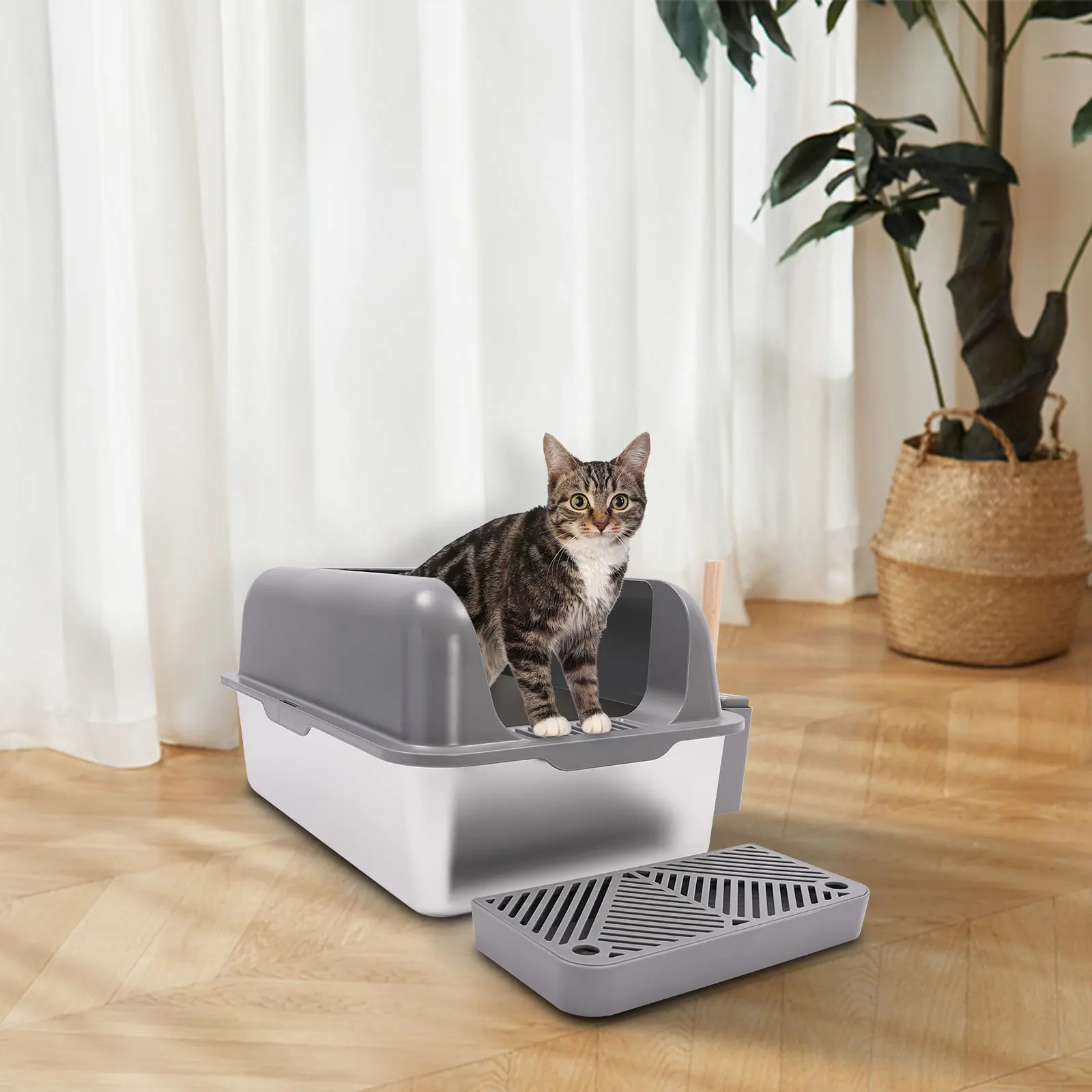 

360° Protection Stainless Steel Cat Litter Box With Guardrial Scoop For Cats Weighing Less Than 22.05 Pounds