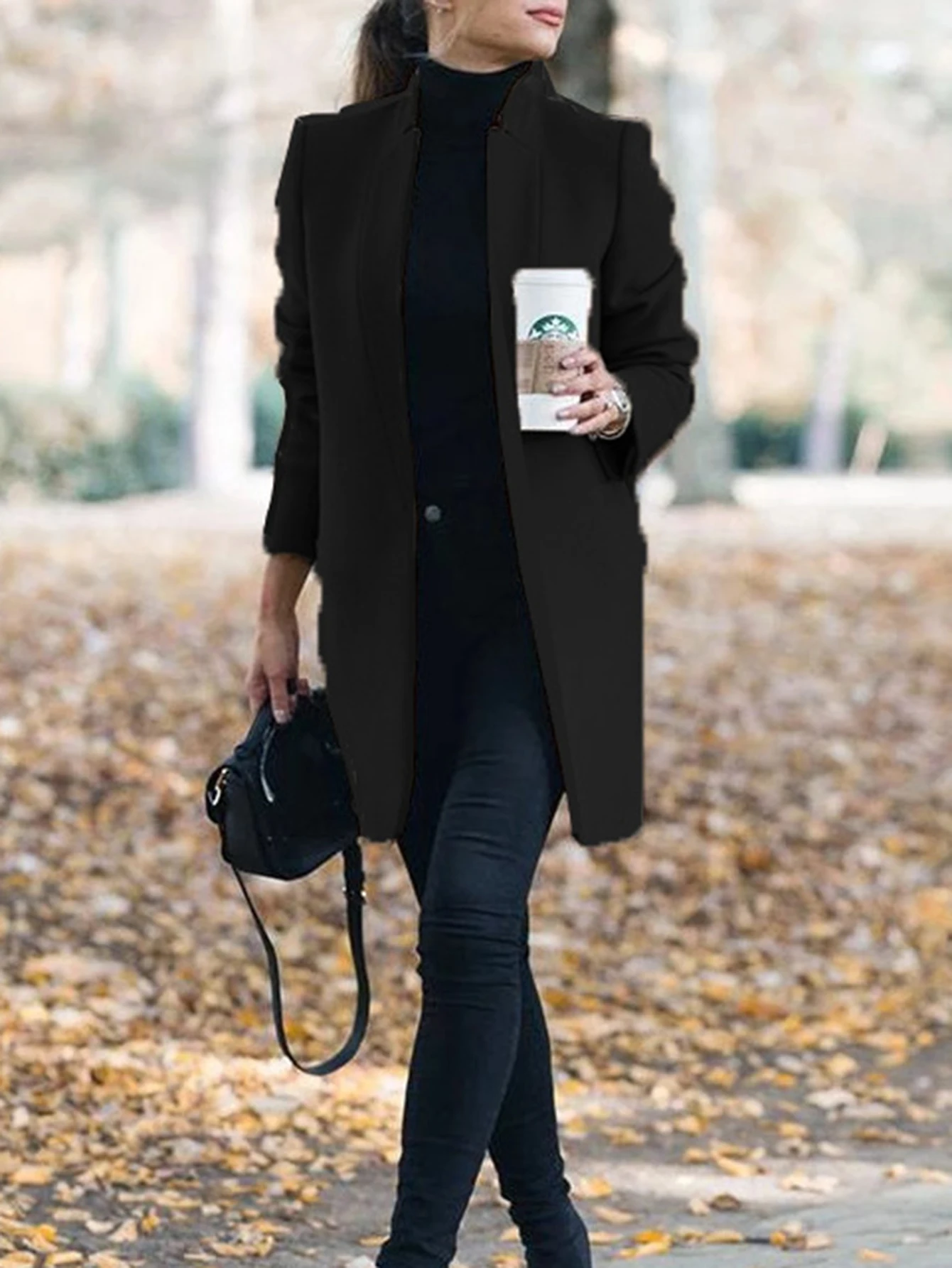 معطف نسائي طويل الأكمام برقبة على شكل حرف V بلون سادة للخريف والشتاء معطف كاجوال للمكتب اليومي مع جيوب صدر واحد للسيدات #4