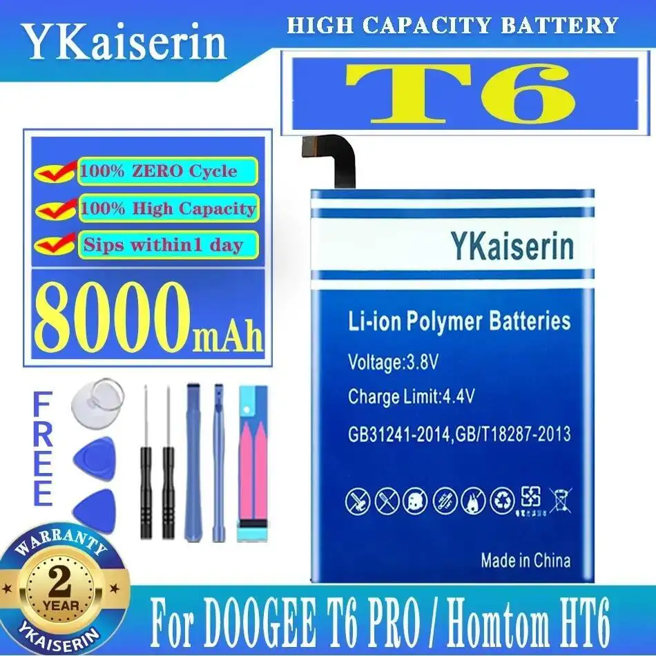 Запасной аккумулятор ykaisсеребрин T 6 8000 мАч Для DOOGEE T6 PRO T6PRO/для Homtom HT6, новинка + Бесплатные инструменты