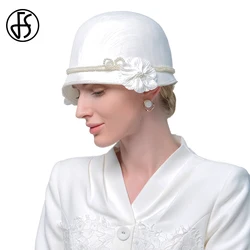 FS Eleganckie białe czarne kapelusze z kwiatkiem Brytyjski cylinder Damski Vintage Cocktail Party Cap Wedding Church Millinery 2024 Winter