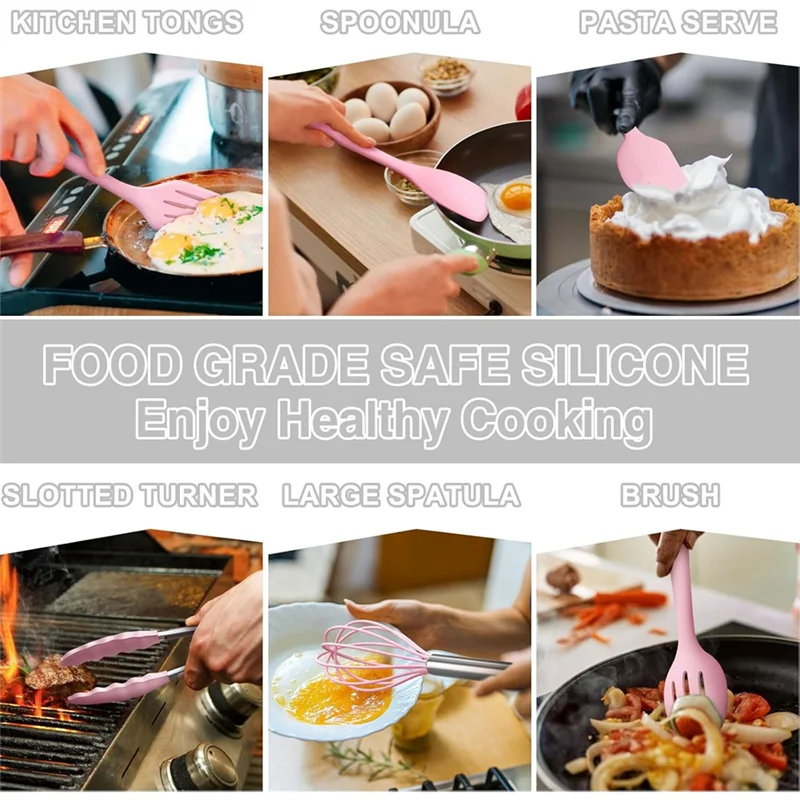 

Набор термостойких силиконовых кухонных инструментов ABFS, набор лопаток из 22 предметов с держателем для посуды с антипригарным покрытием (розовый)