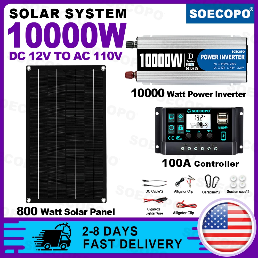 (الأسهم الأمريكية) SOECOPO 10000 واط نظام محطة الطاقة الشمسية 800 واط لوحة 100A تحكم 12 فولت إلى 110 فولت العاكس للتخييم RV المنزل