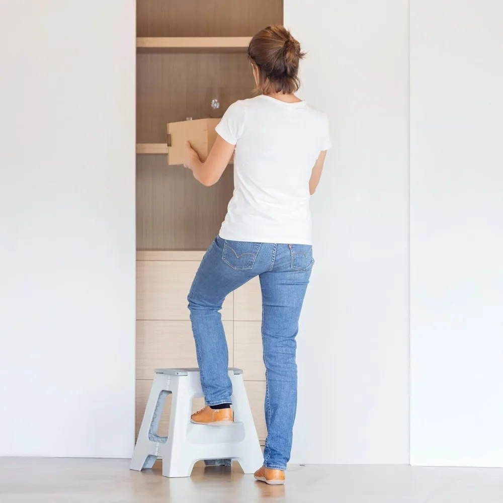 مقعد مدمج قابل للطي مقاس 16 بوصة سلم بخطوتين للبالغين بسعة 330 رطل وخفيف الوزن وغير قابل للانزلاق باللون الرمادي #3