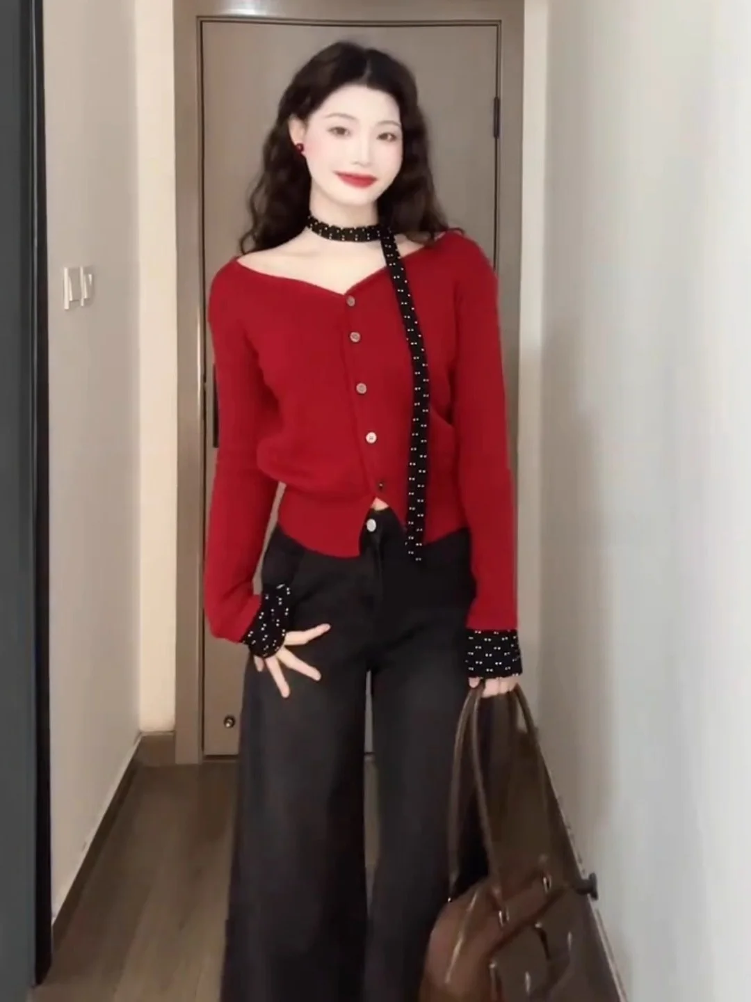 

Red Knitted ort V-Ne Sweater Women's Autumn Winter Unique Patchwork Faux Two-Piece Top Korean Sle Color Blo Polka Dot