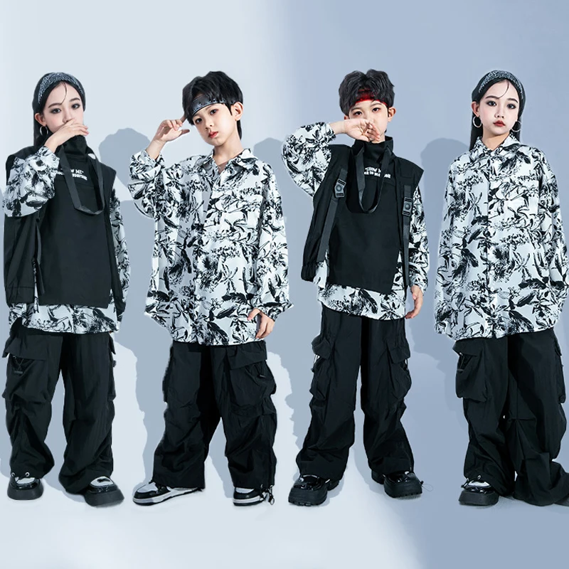 Children Hip Hop Dance Costume Boys Street Dance Clothes Girls Kpop Jazz Clothing Kids Drum Performance Stage Outfit Black 2054