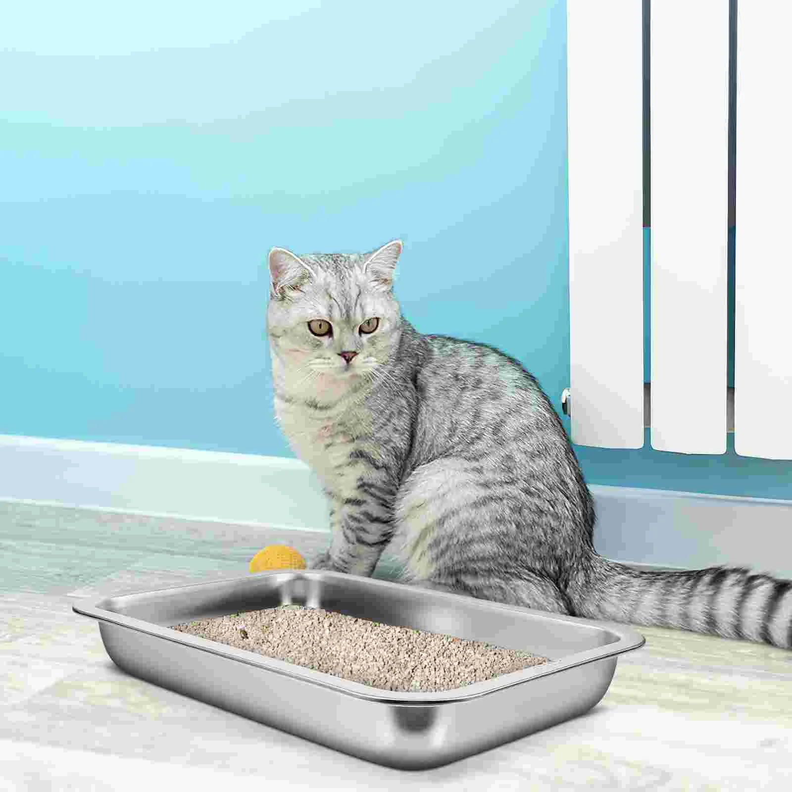 Caja de arena para gatos de acero inoxidable, bandeja para aperitivos, inodoro doméstico poco profundo para conejos, alimentador limpio para gatitos