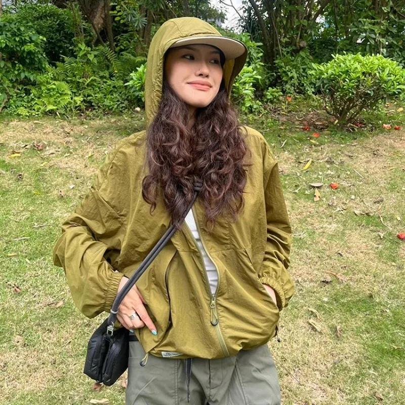 Vintage Hooded Jackets Women Gorpcore Casual Summer Lightweight Outerwears Zipper Jackets Thin Sunscreen Coats Harajuku