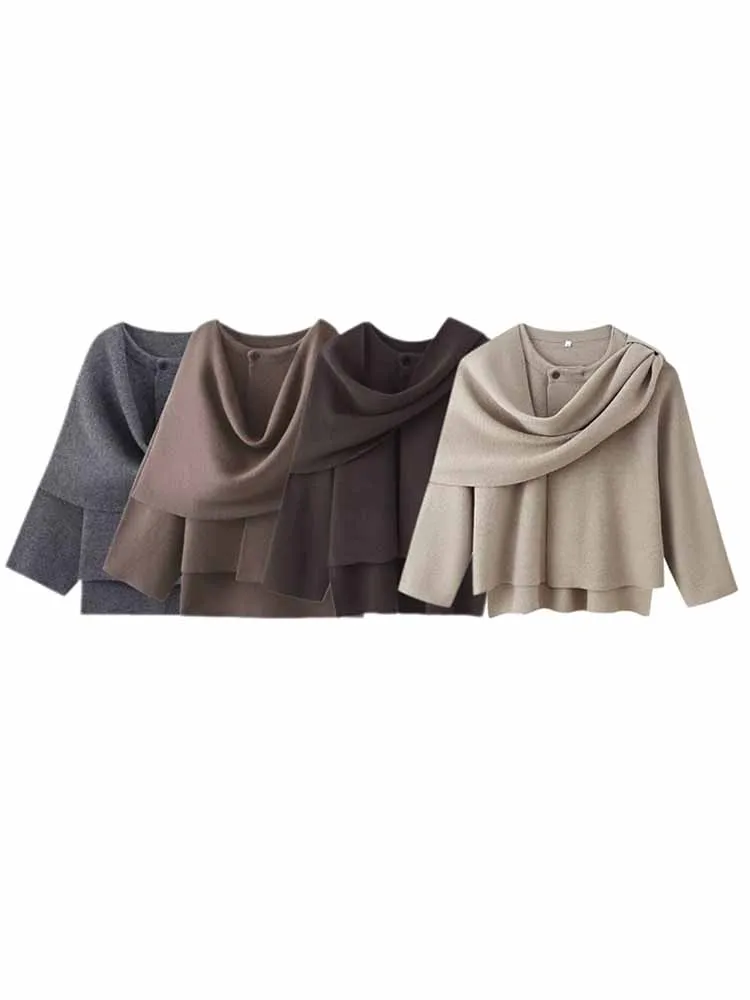 

HH Woman Winter Fashion Round Neck Long Sleeves Scarf Decoration Knitting Cardigan Female Loose Casual Street Style Short Coat