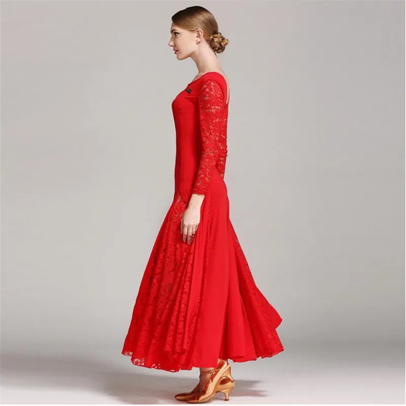 Sexy lace ballroom dance dress for woman long sleeves waltz tango dance dresses standard dress black/red/blue/green