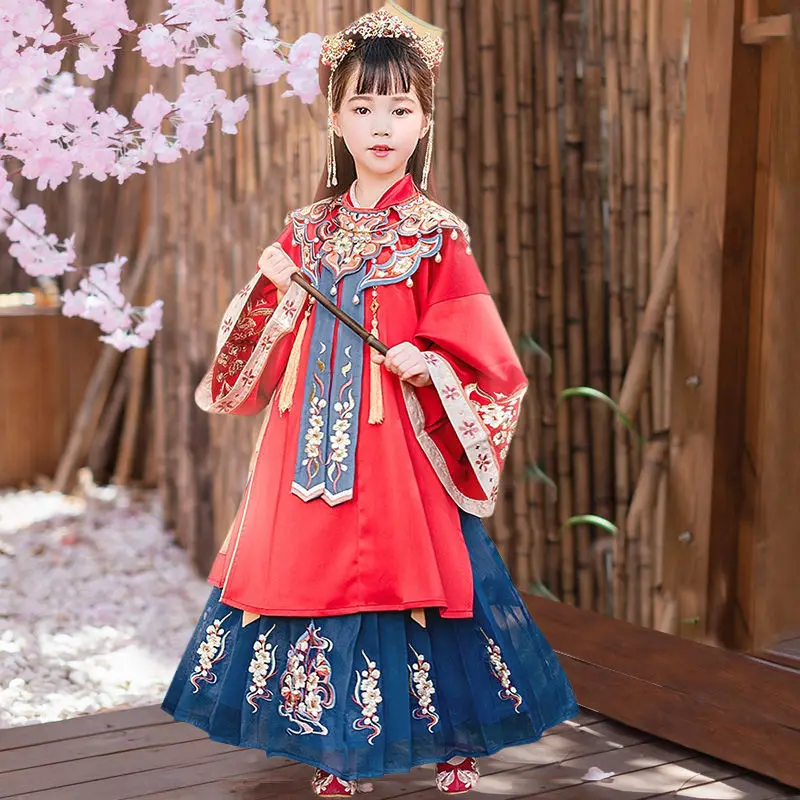 

Girls Ming Dynasty Hanfu Kids Traditional Chinese Style Red Dress Retro Embroidery Oriental Clothing Tang Suit Cosplay Costume