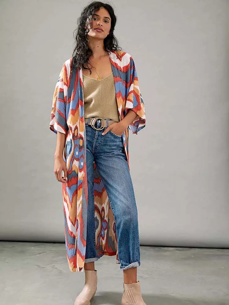 2024 Beach Kimono Bikini Cover Up Robe Beachwear Kaftan Long Dress Swimsuit Cover Up Print Tunic For Beach Sarong Pareo Dress