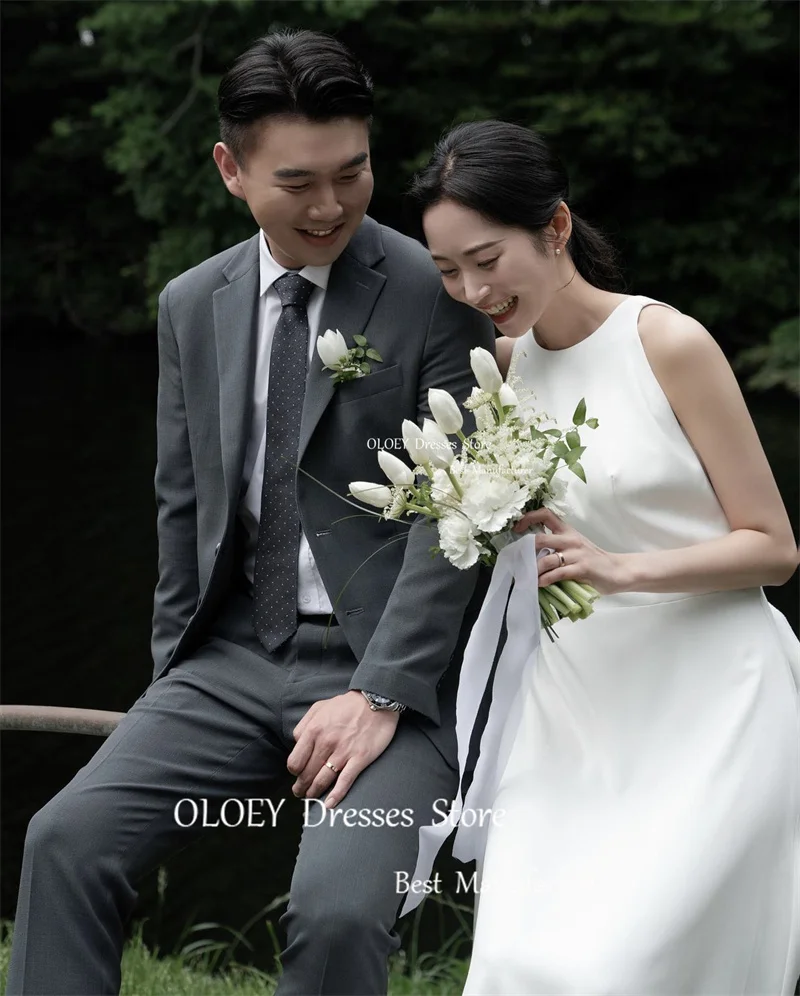 OLOEY gaun pernikahan O-Neck Satin melar A Line gaun pengantin sederhana polos pita punggung wanita Korea panjang lantai Mariage