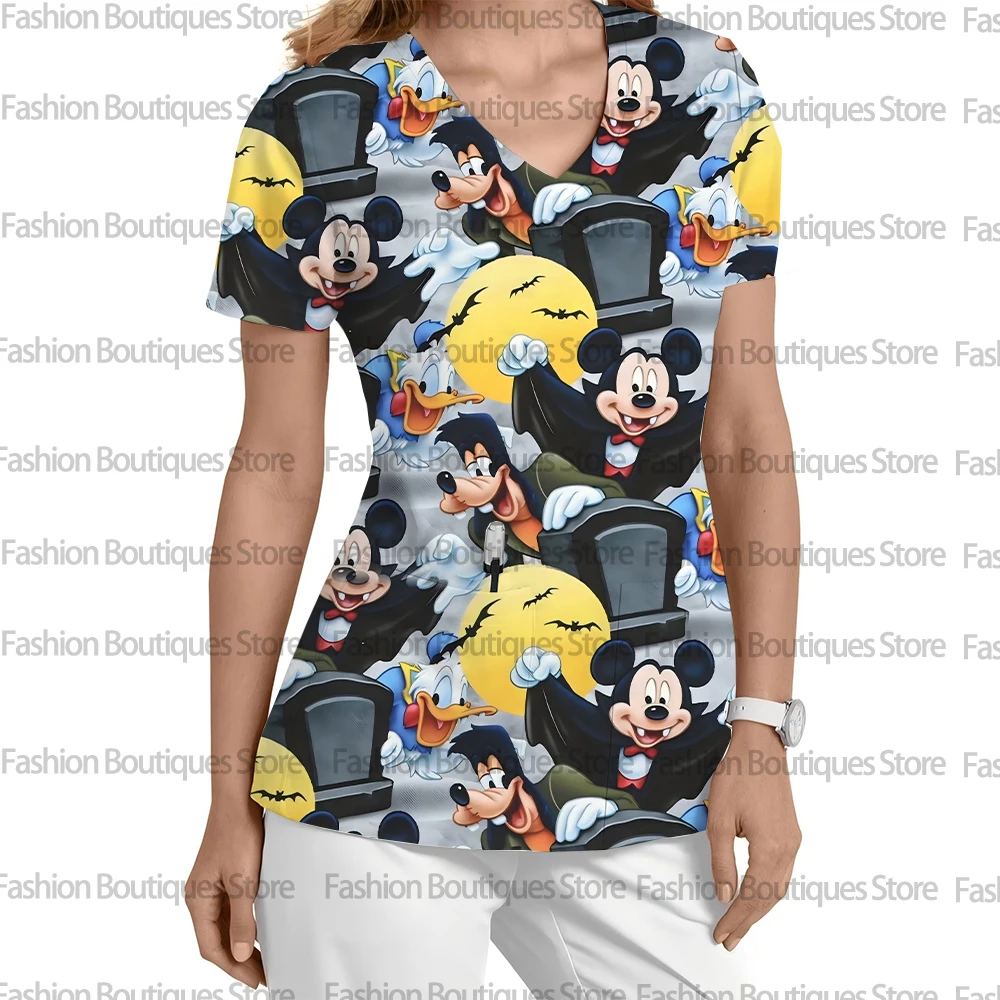 

Summer fashion simple Halloween emergency department nurse work clothes printing short sleeve V neck convenient medical top