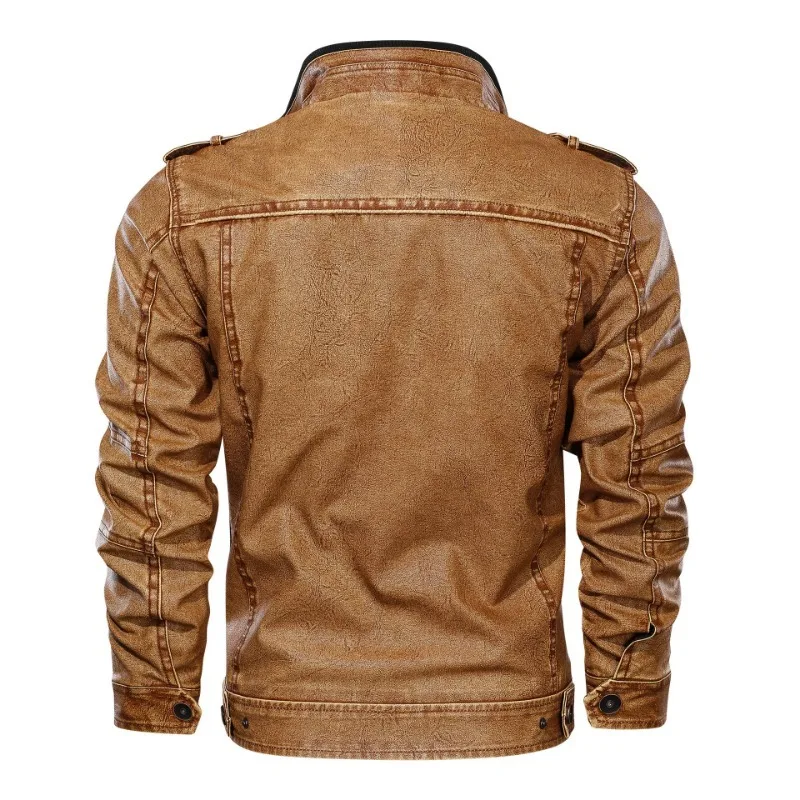 Retro Multi Pocket Locomotive Leather Jacket Men's Casual Loose Leather Coat