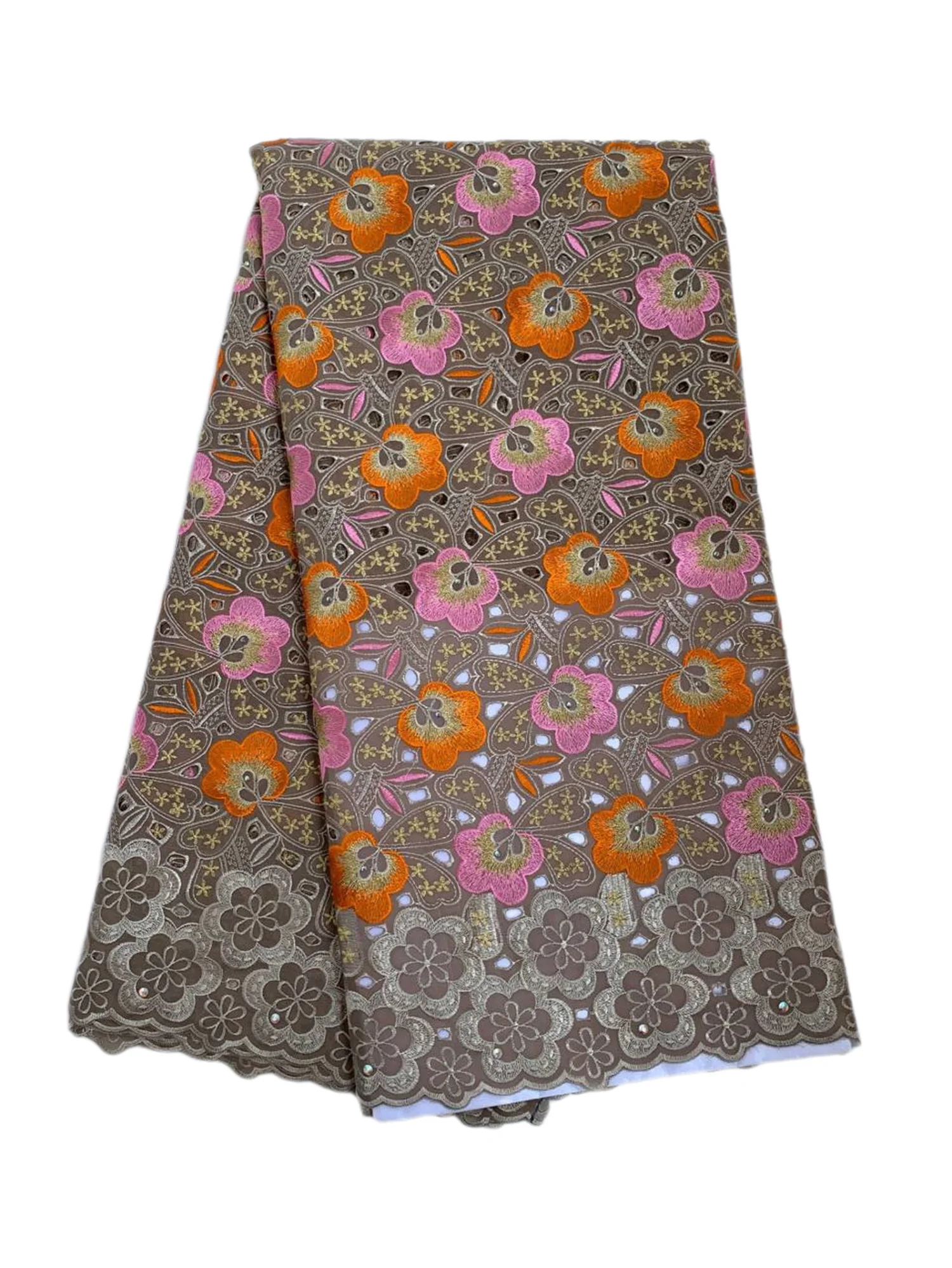 New High Quality 2025 African Nigerian Punched Cotton Diy Lace Fabric With Stones Embroidery Party Dress Sewing Women 5 Yards WF