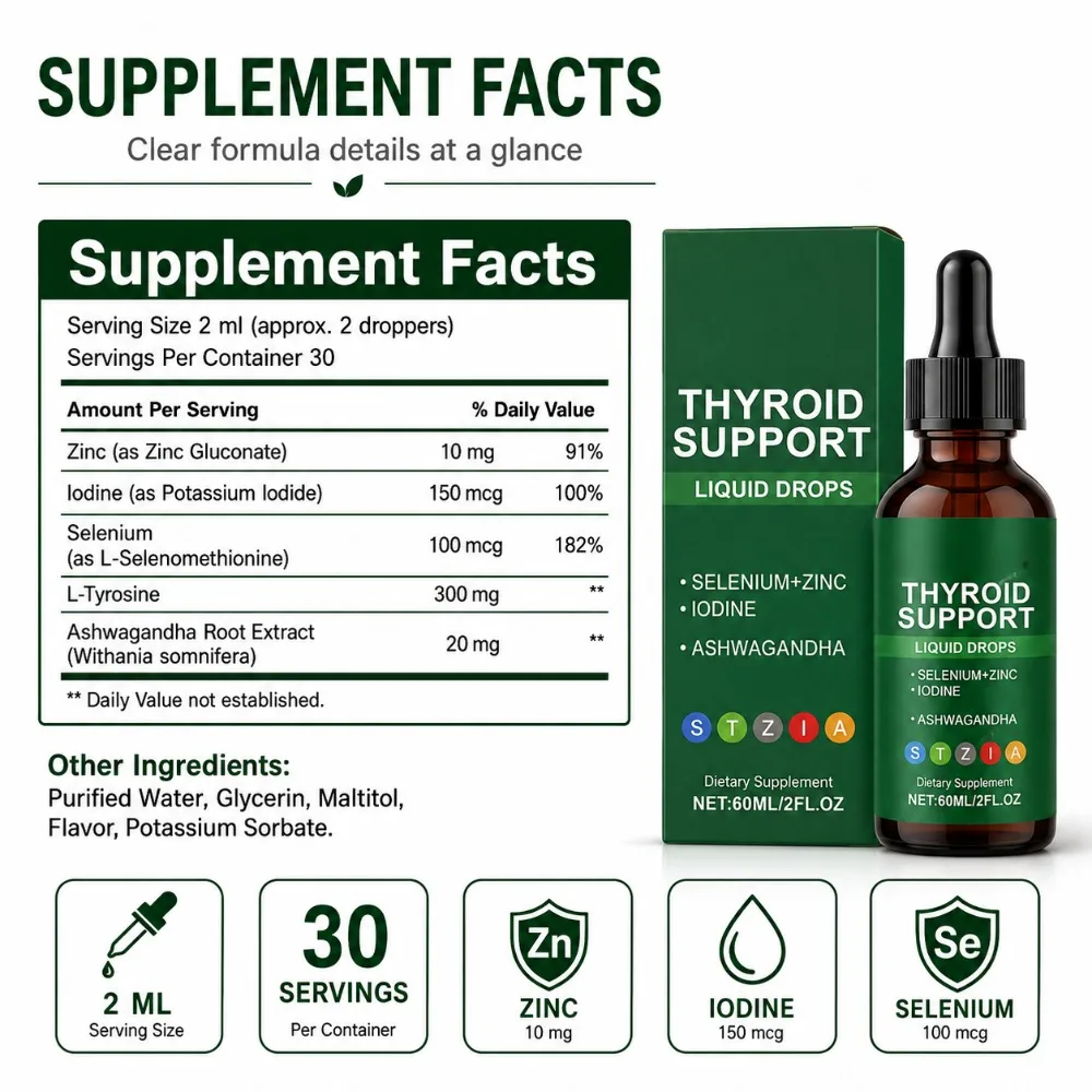 Docteat Thyroid Support Liquid Drops, Selenium Zinc Iodine L-Tyrosine Ashwagandha, 60ml, 30 Servings, For Men & Women Daily