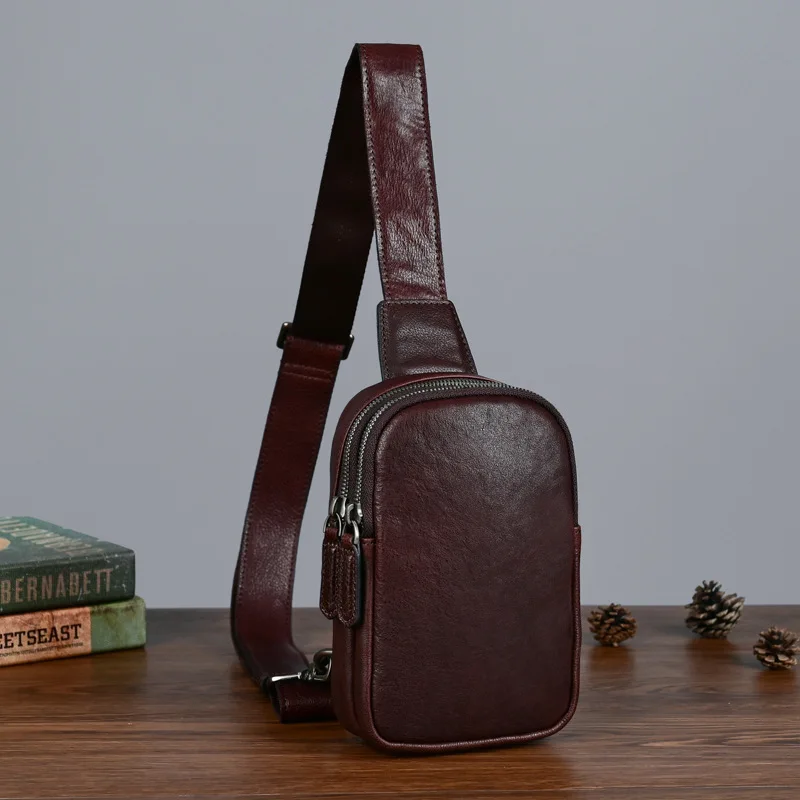 حقيبة صدر كاجوال كلاسيكية من جلد البقر المدبوغ بالخضراوات متعددة الجيوب للرجال، حقيبة كروس مربعة راقية