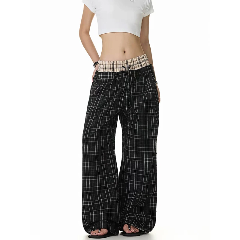 YIBASHU Women Black Pants Baggy Casual Pants Harajuku Japanese 2000s Style Y2k Vintage Plaid Splice Trousers Clothes Autumn 2026
