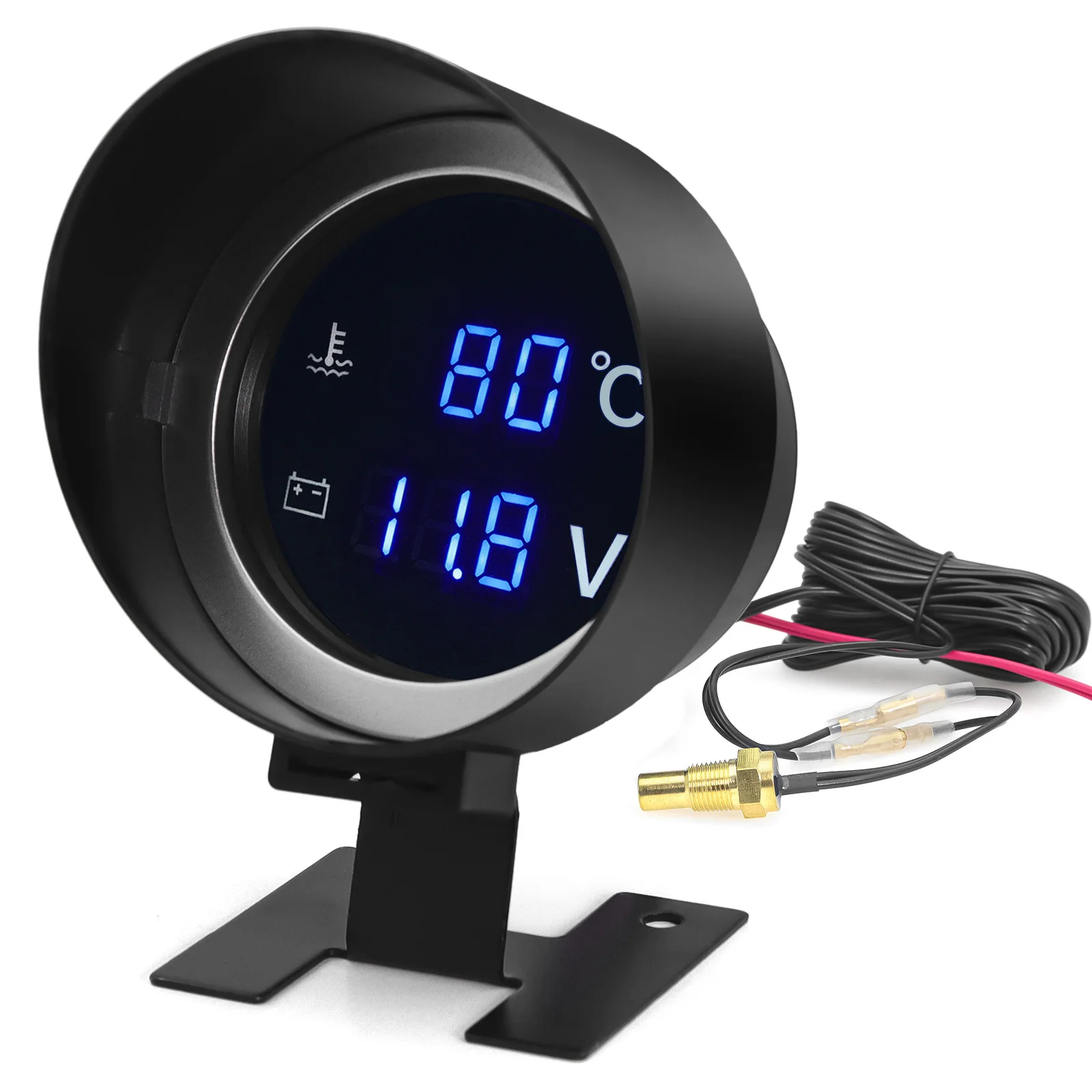 AD 2 in 1 12V 24V Round Led Digital Car Truck Water Temp Gauge Temperature Sensor Temperatura Moto Voltmeter Volt Voltage Meter