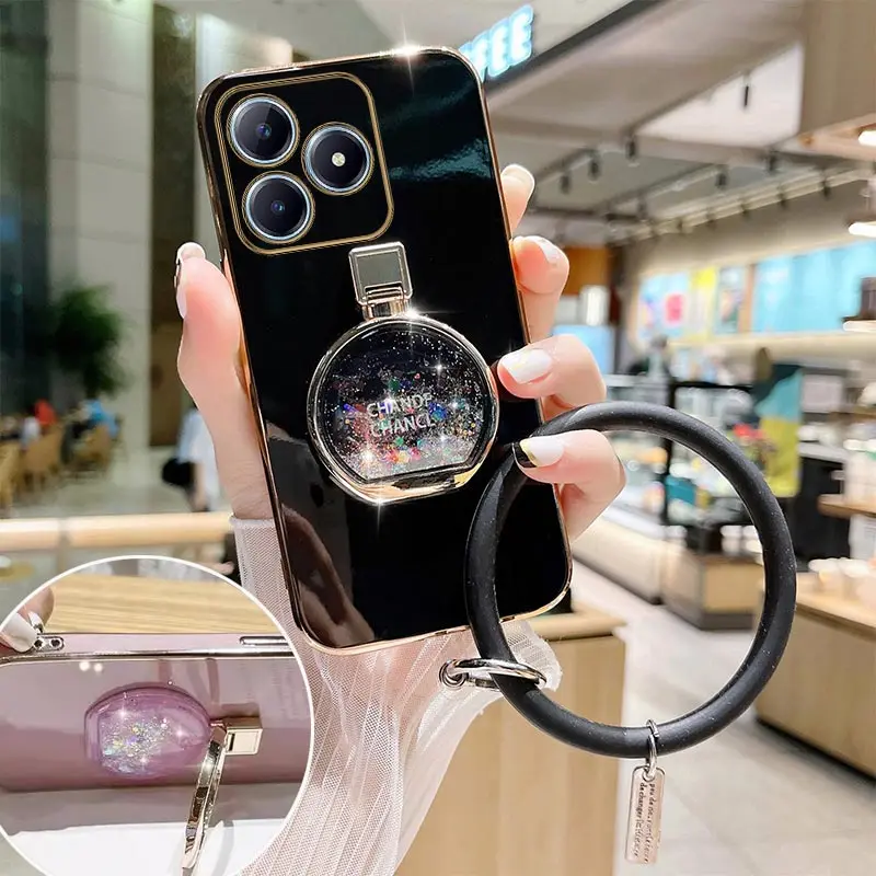 C63 Perfume Bottle Plating Phone Holder Case For Realme C63 C53 C51 C65 C55 C67 C61 Shatterproof Soft Back Cover