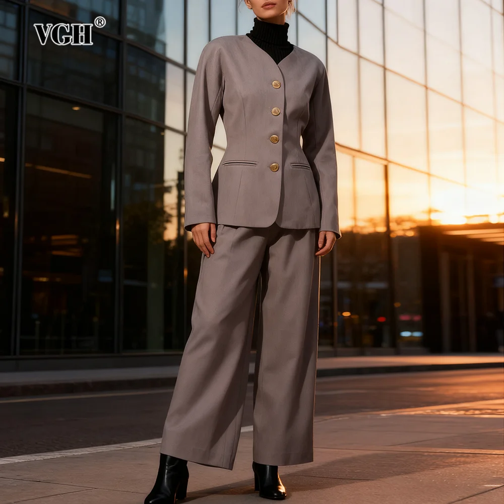 

VGH French Style Casual Solid Two Piece Sets For Women Round Neck Long Sleeve Top High Waist Pants Chic Set Female Fashion New