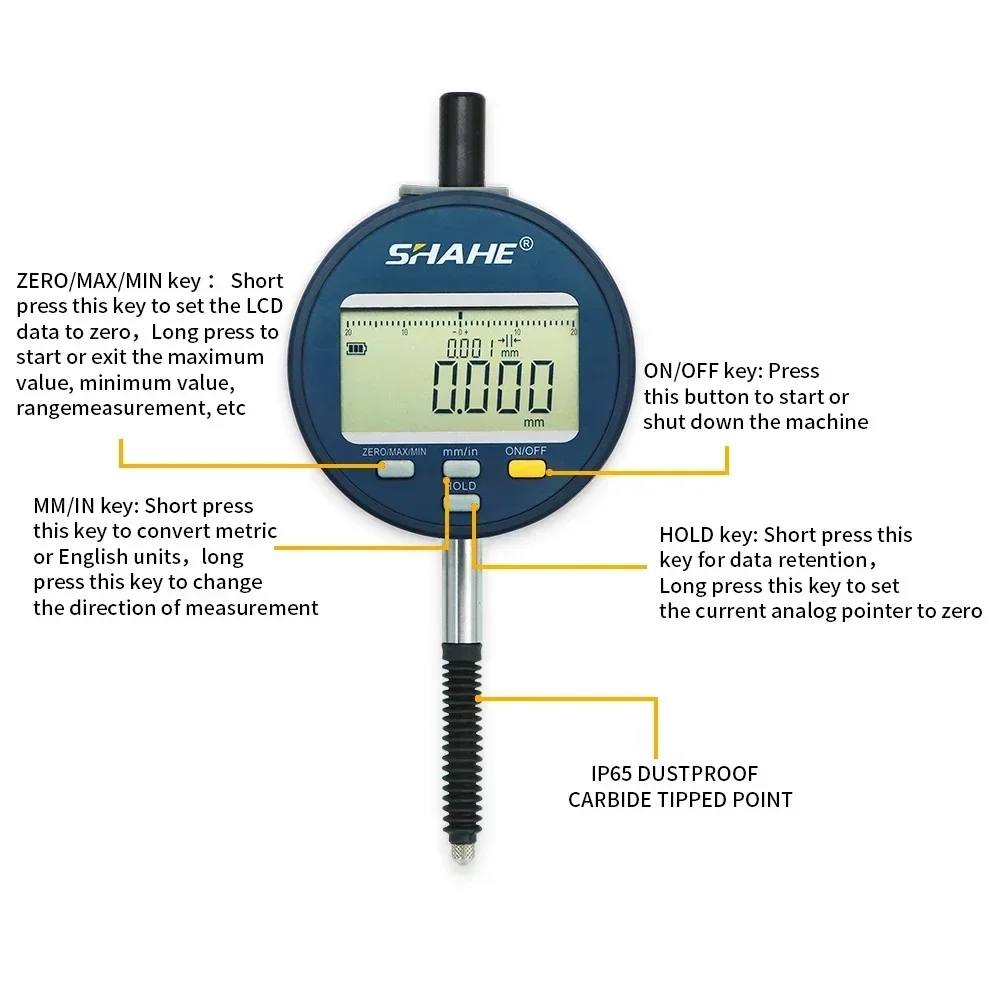 SHAHE IP65 DIgital Indicator 0-12.7mm With Resolution 5μm Electronic Micrometer Metric Inch Dial Indicator Gauge