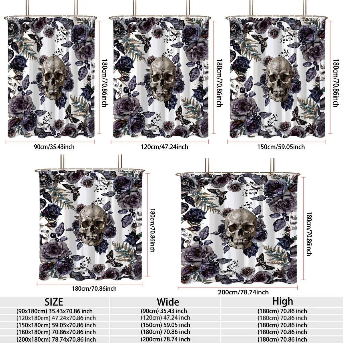 Dark Gothic Style Human Skull With Deep Purple Rose Flowers And Death‑head Moth Bath curtain, Cozy Soft Warm 