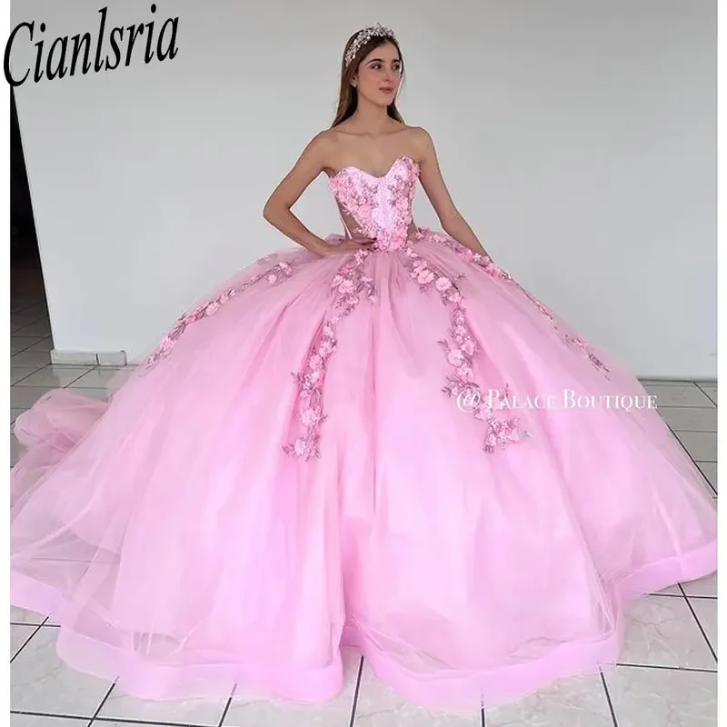 الوردي ثلاثية الأبعاد الزهور يزين الدانتيل فساتين Quinceanera الكرة ثوب الوهم Sinetheart القوس مشد فساتين XV Anos